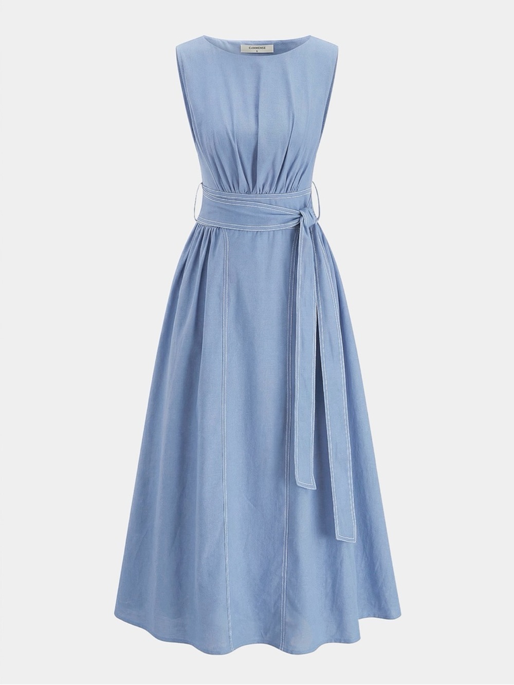 Commense Light Blue Sleeveless Cotton Linen Midi Dress with Waist Tie Light Blue - Picture 1 of 3